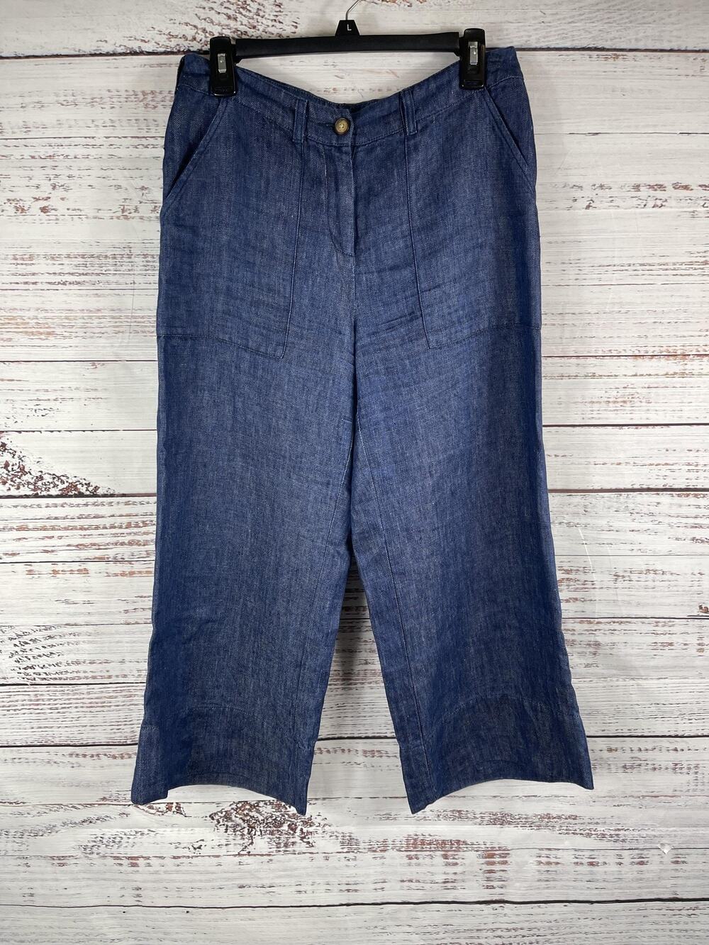 Poetry Pants Women's US 8 Blue Linen Cropped Casual Wide Leg Pockets Lightweight